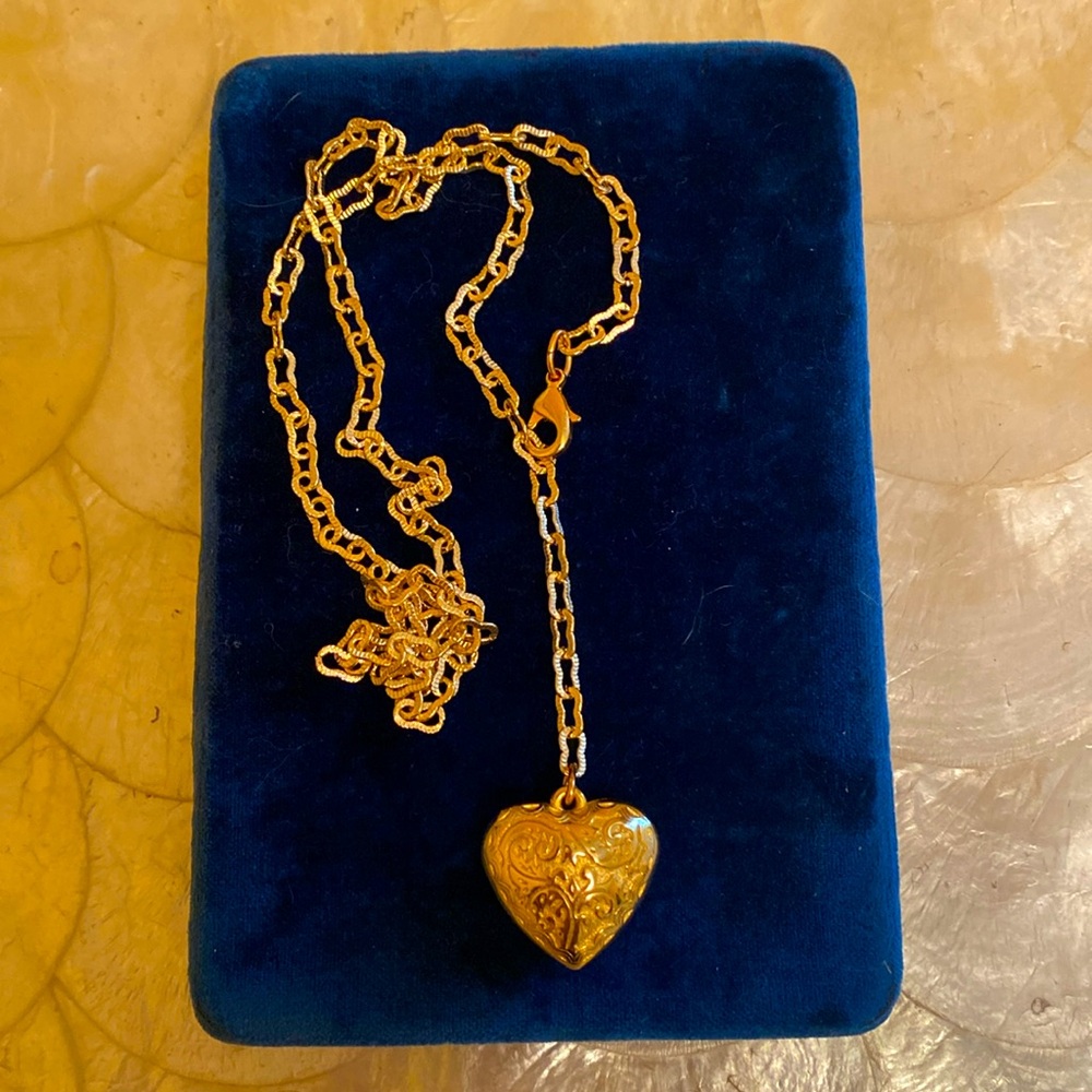 Vintage etched puffy heart on gold plate chain